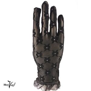 Sheer Black Gloves Wrist Ruffles w Touch of Glitter Bow Design Party Prom
